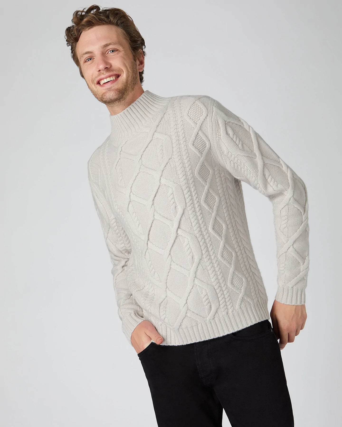 Men's Oversized Cable Funnel Neck Cashmere Sweater