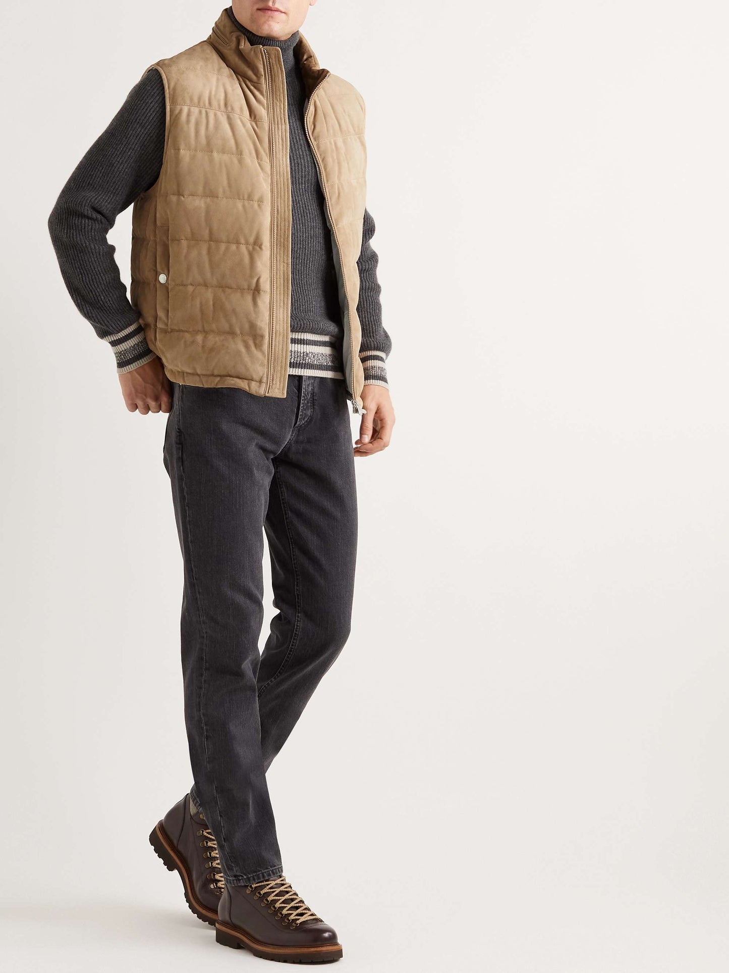 Quilted Suede Hooded Down Gilet